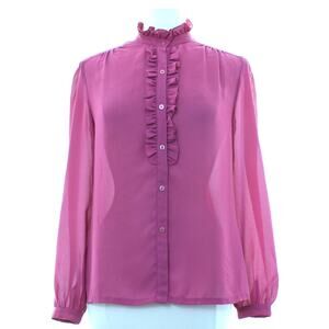 Vintage 80s Women's Medium Emotions Pink Ruffle Front Tuxedo Blouse